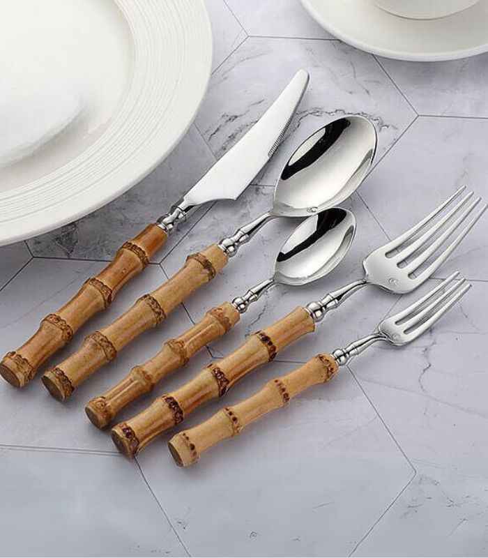 Cutlery Set Natural Bamboo Handle 304 Stainless Steel Silver