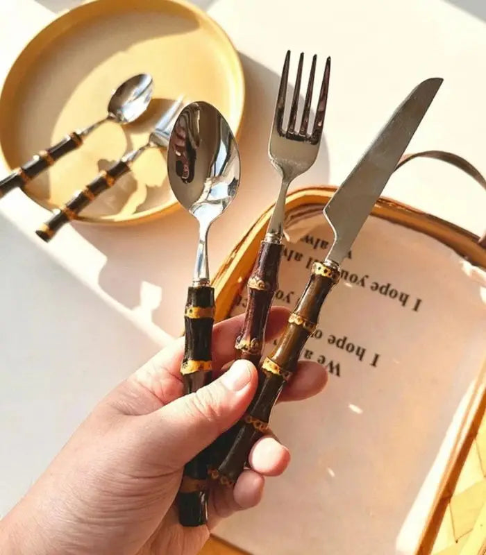 24 Pc Natural Bamboo Handle Cutlery Set Stainless Steel Flatware Dark Bamboo