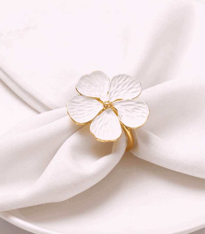 Set of 6 Gold & White Floral Metal Napkin Rings