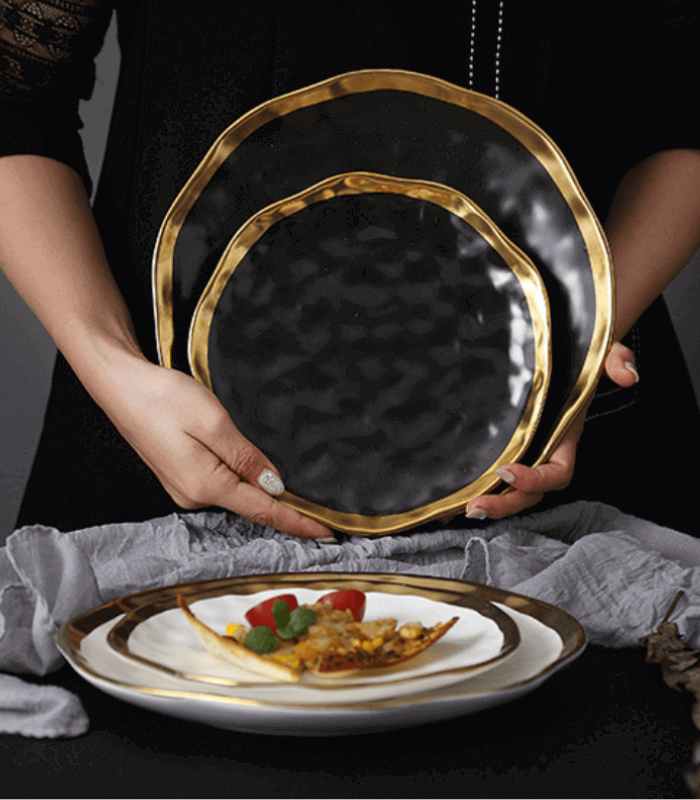 Gold Edge Porcelain Serving Platter Black & White 25cm