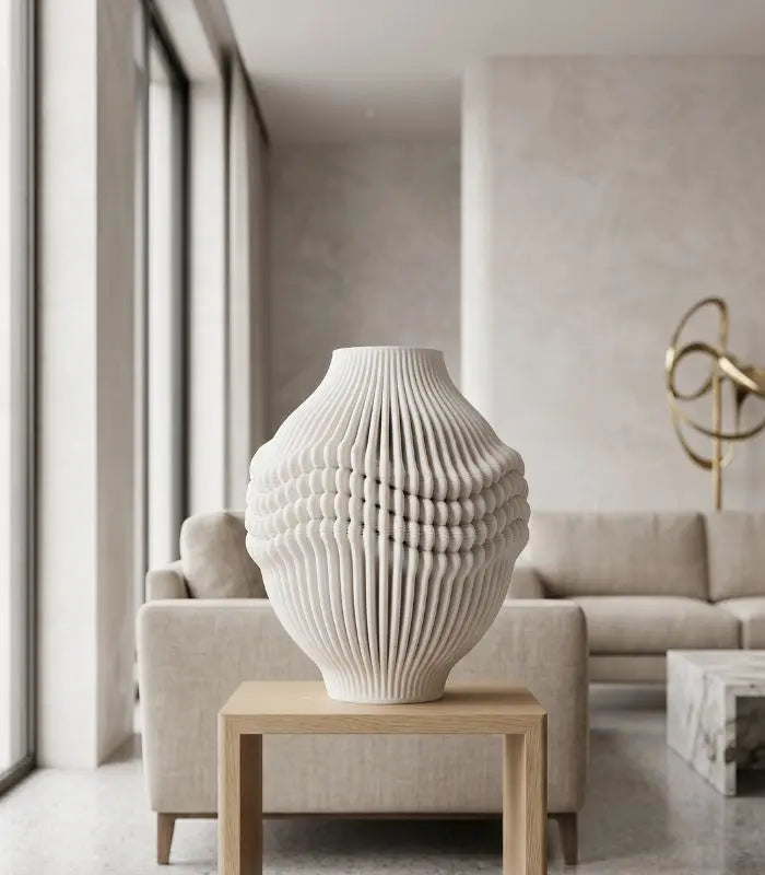 Celestara Ceramic Vase – Handcrafted Pleated Design in Ivory White