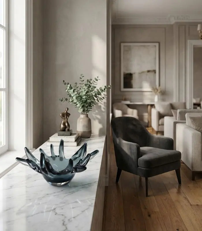 Handcrafted Glass Sculptural Bowl – Elegant Fruit & Decorative Bowl Smoky Blue-Grey 30.5 cm (12.01 in)