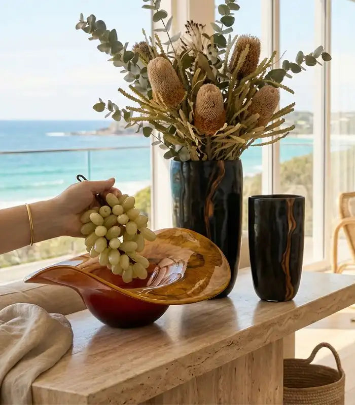 Serving Bowl – Handcrafted Decoratibe Bowl Organic Form Amber Glass 28 cm