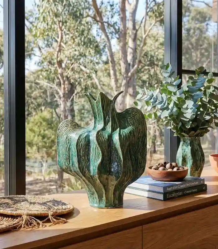 Botanica Ceramic Vase – Handcrafted Organic Form with Green Glaze 34 cm
