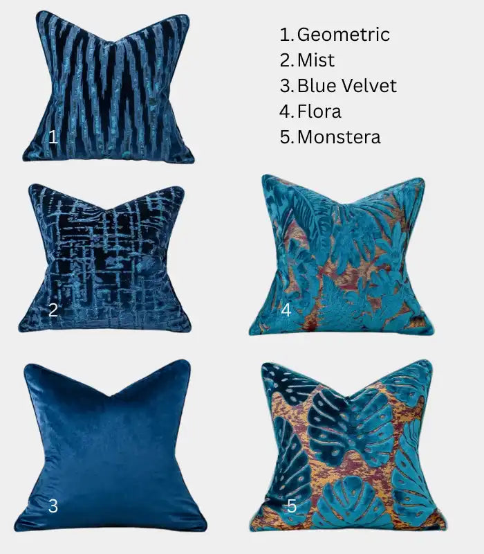 Velvet Floral Garden Cushion Cover Velvet Embroidery Blue