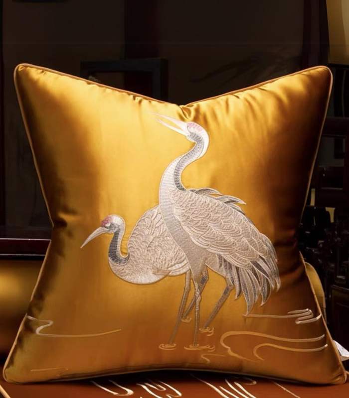 Cushion Cover Crane Embroidered Silk Sating 45x45cm