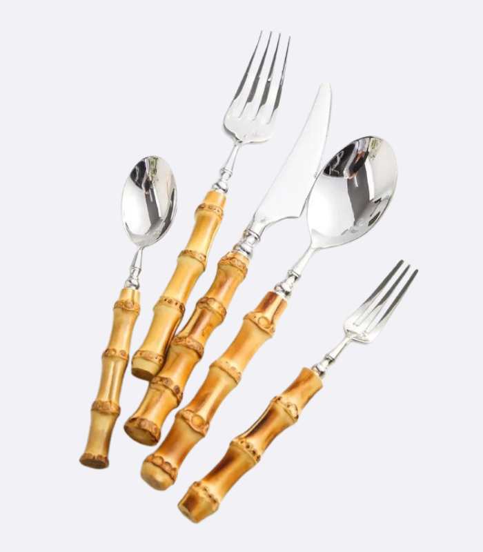 20 Pcs Cutlery Set Natural Bamboo Handle Stainless Steel Flatware