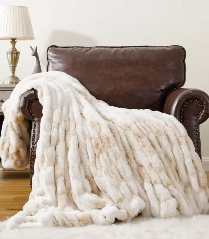 Faux Fur Throw Blanket Luxe Beige Plush and Thick