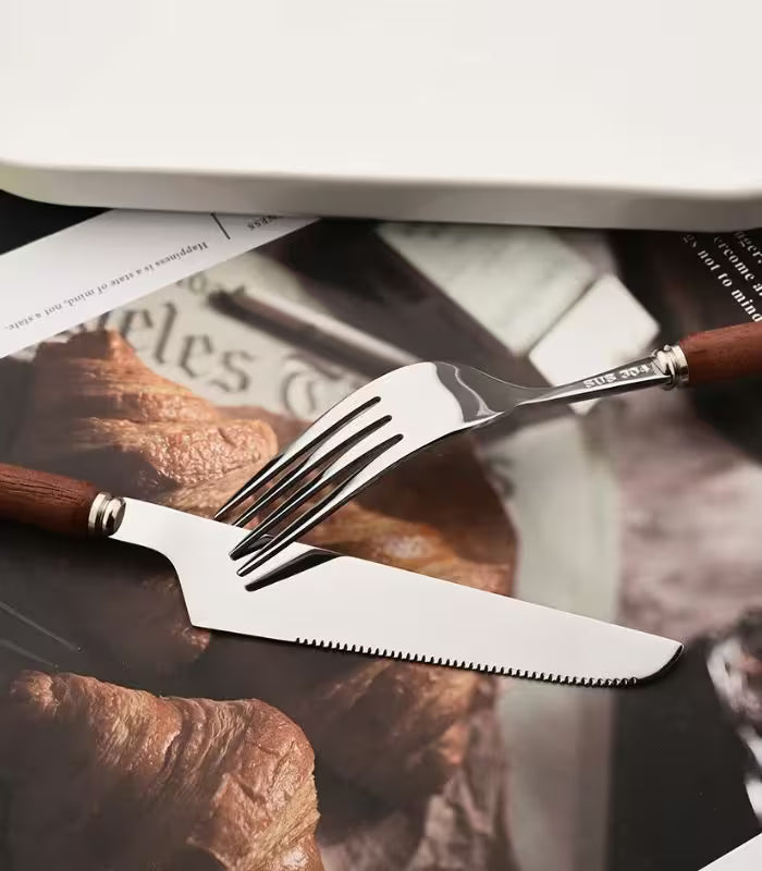 24-Piece Coastal Dining Cutlery Set – Rosewood Handle Stainless Steel Flatware (Brown)