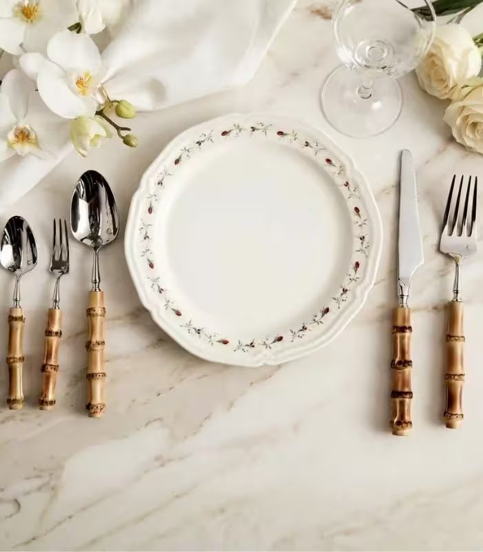 Natural Bamboo Flatware Set 18/10 Stainless Steel with Steak Knives, Bamboo Flatware Set