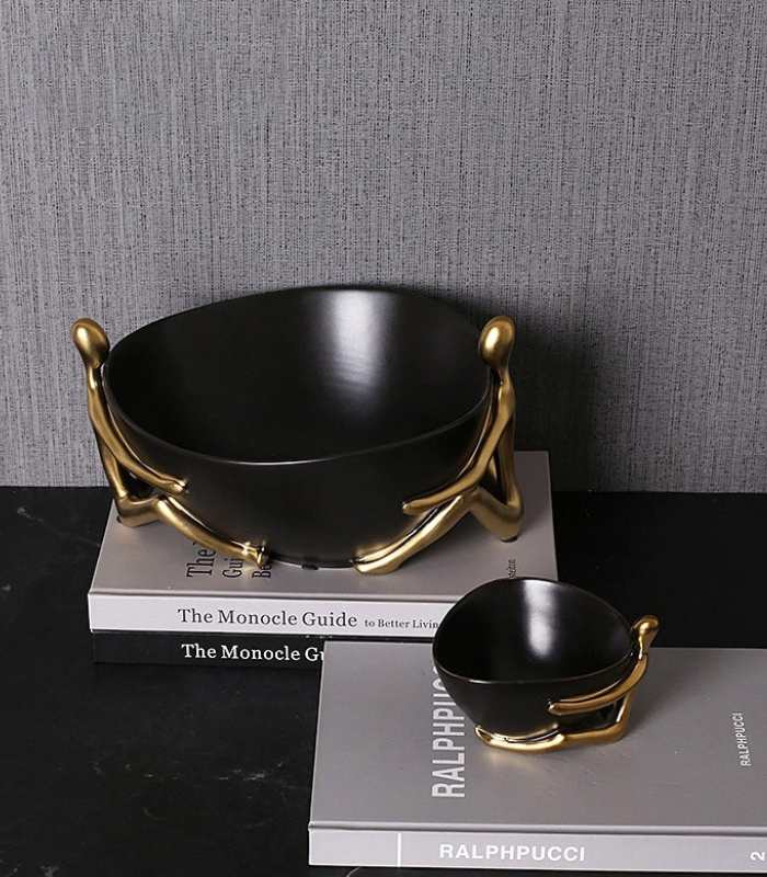 Ceramic Decorative Accent Bowl with Gold Human Abstract Figures Black