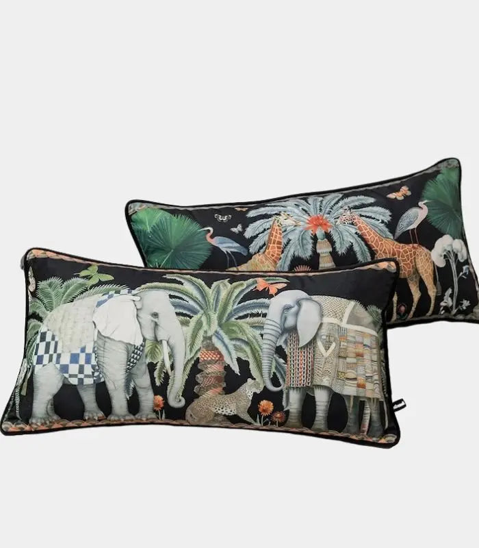 Safari Scene Cushion Covers – Velvet with Whimsical Animal Designs Black Multicolour