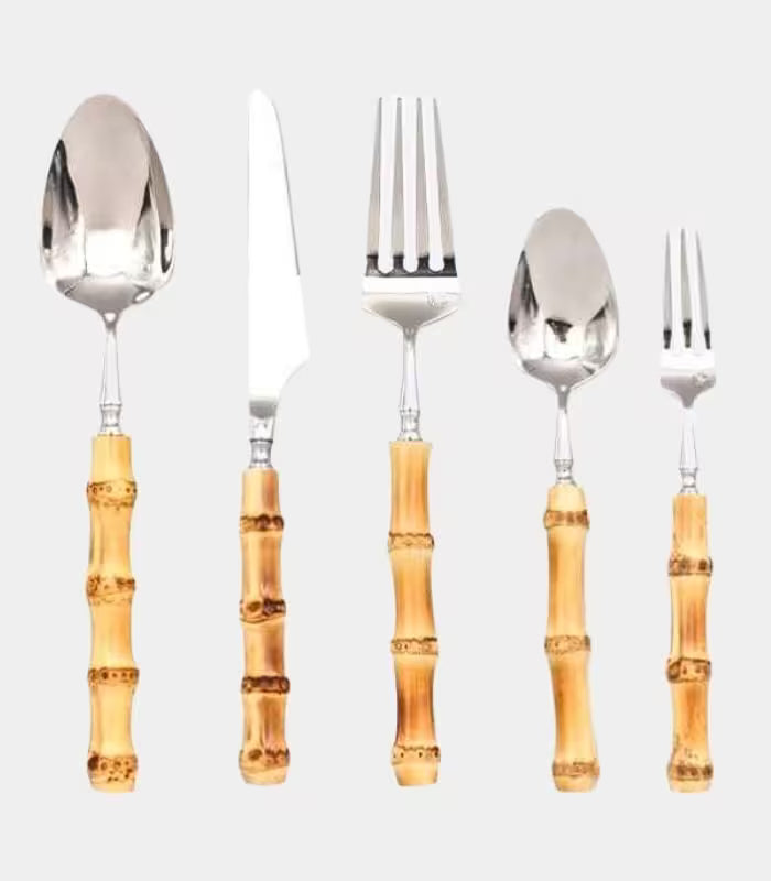 Natural Bamboo Flatware Set 18/10 Stainless Steel with Steak Knives, Bamboo Flatware Set