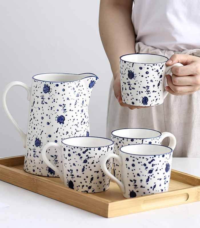 Ceramic Cups & Jug Ink Hand-painted White & Blue