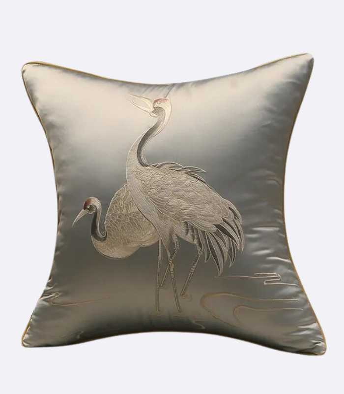 Cushion Cover Crane Embroidered Silk Sating 45x45cm