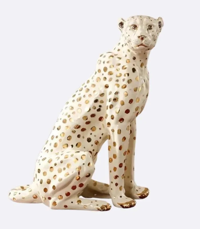 Ceramic Sculpture Leopard Gold White Hand Painted New Large