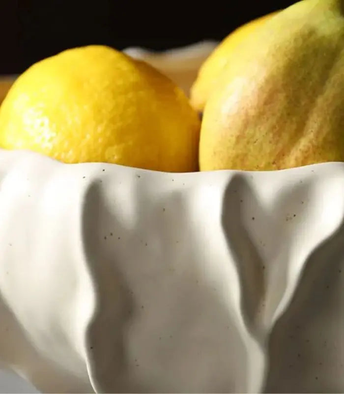Camille Artisan Ceramic Fruit Bowl - Handcrafted Decorative Wave Design in Ivory White