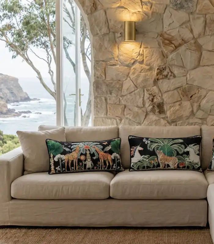 Safari Scene Cushion Covers – Velvet with Whimsical Animal Designs Black Multicolour