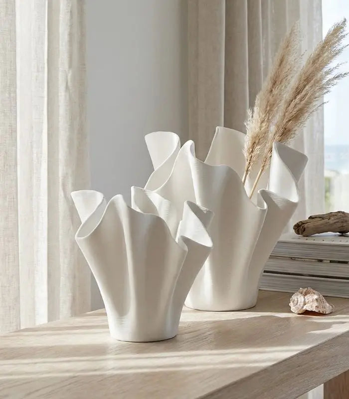 Textured Ribbon Ceramic Vase – Handcrafted Flowing Design