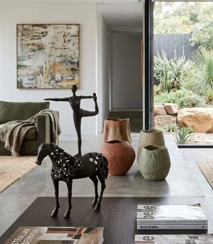 Equinox Metal Figurative Sculpture – Black Yoga Figure & Horse 30 cm / 11.8 in