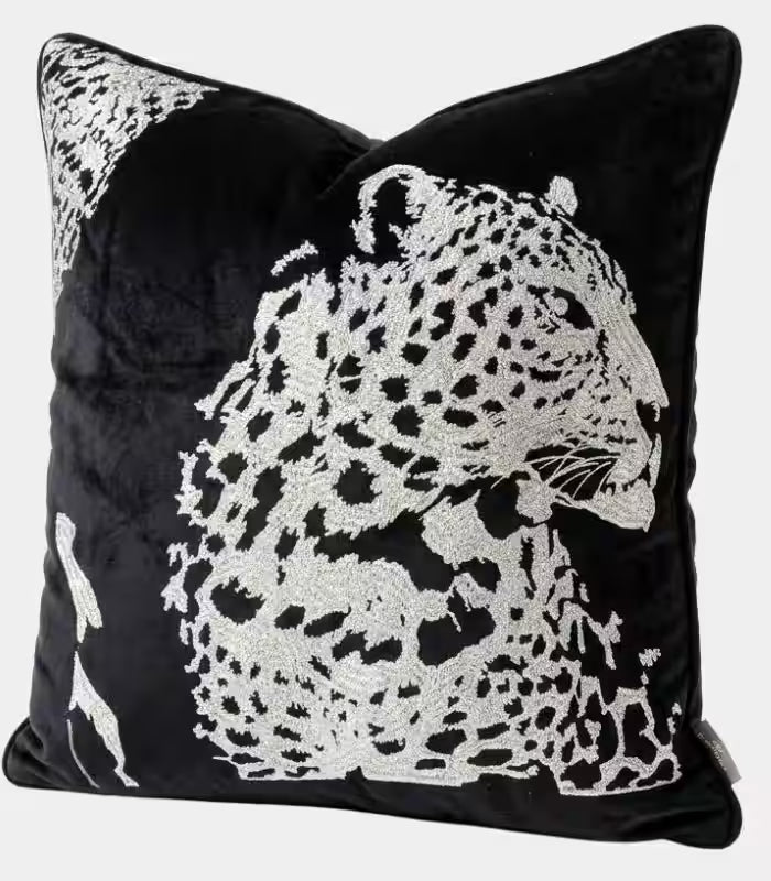 Cushion Cover Velvet Leopard Embroidery Black