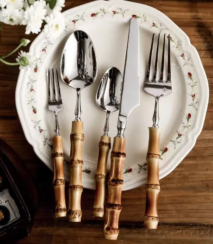 Natural Bamboo Flatware Set 18/10 Stainless Steel with Steak Knives, Bamboo Flatware Set
