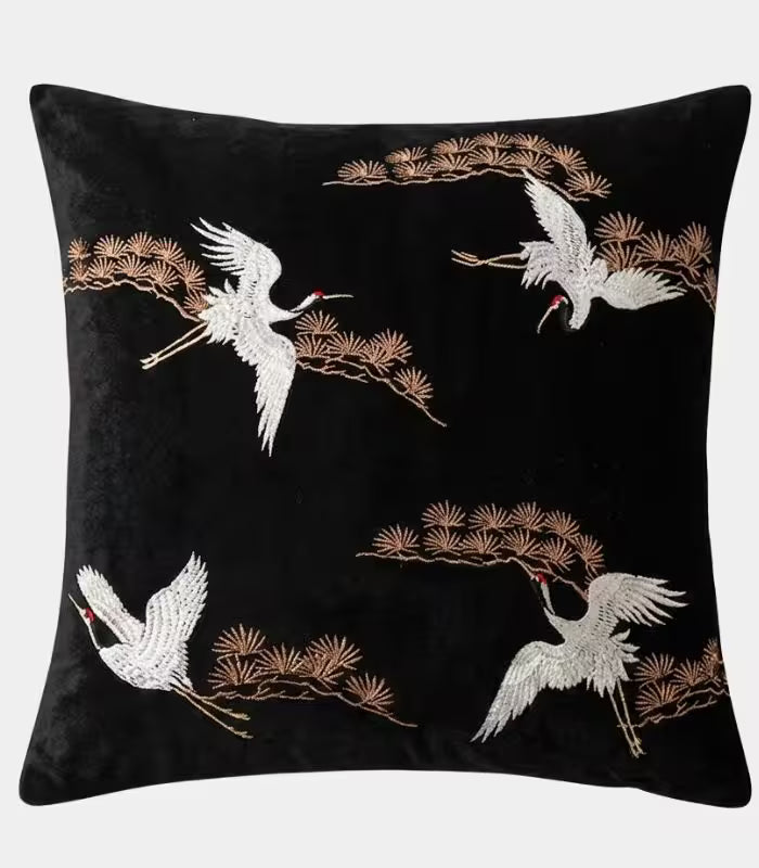 Embroidered Crane Velvet Cushion Cover – Japanese-Inspired Bird Design