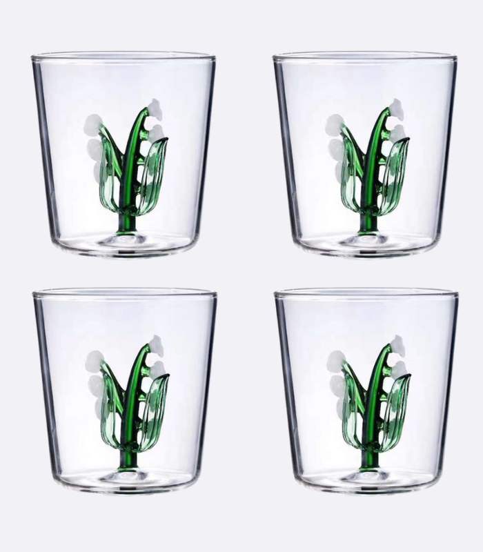 Set 4 Pcs Drinking Glass Lily Of The Valley Transparent Hand-Blown Glass 300ml