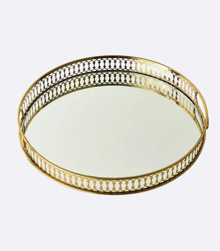 Vintage European Gold Mirror Metal Tray Round Mirror Tray