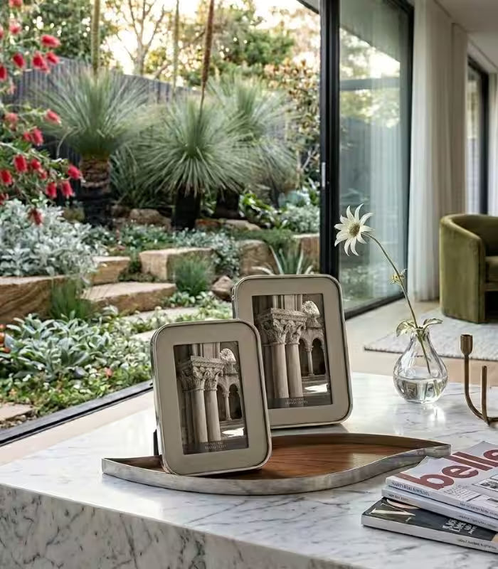 Harrington Textured Photo Frame – Cream Faux Leather with Stainless Steel Trim