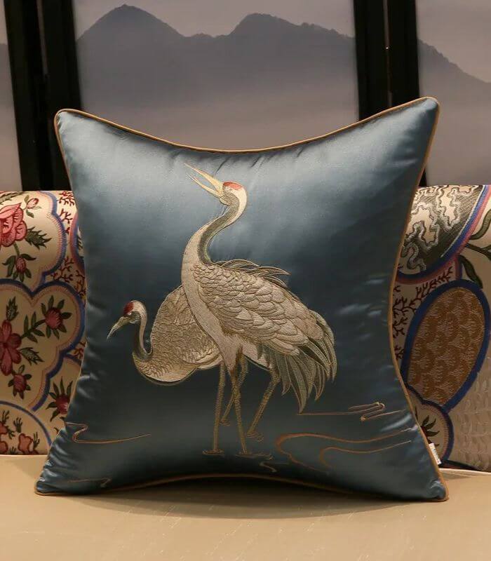 Cushion Cover Crane Embroidered Silk Sating 45x45cm