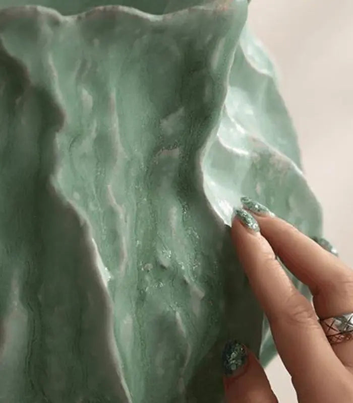 Talia Handcrafted Ceramic Vase – Two-Tone Green Ruffled Leaf-Form Sculptural Vessel