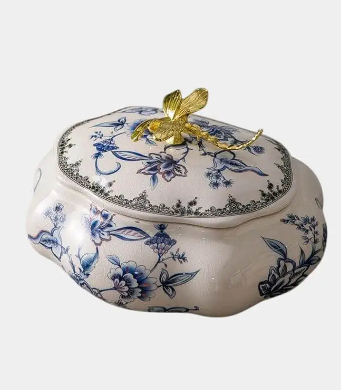 Dragonfly Blue & White Porcelain Trinket Box with Crackle Glaze - 22.5 x 18.5 cm