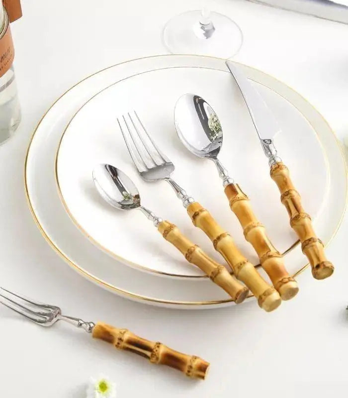 20 Pcs Cutlery Set Natural Bamboo Handle Stainless Steel Flatware