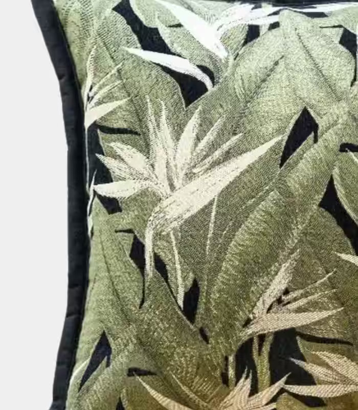 Tropical Leaf Jacquard Cushion Cover – Sage Green with Black Border