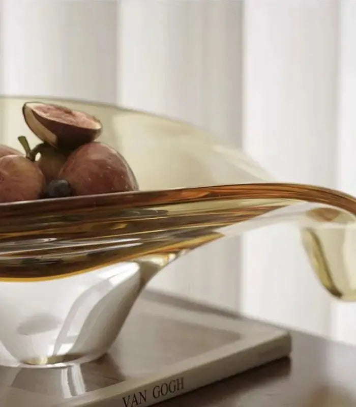 Solara Handblown Glass Fruit Bowl – Organic Wave Design Warm Amber Gold