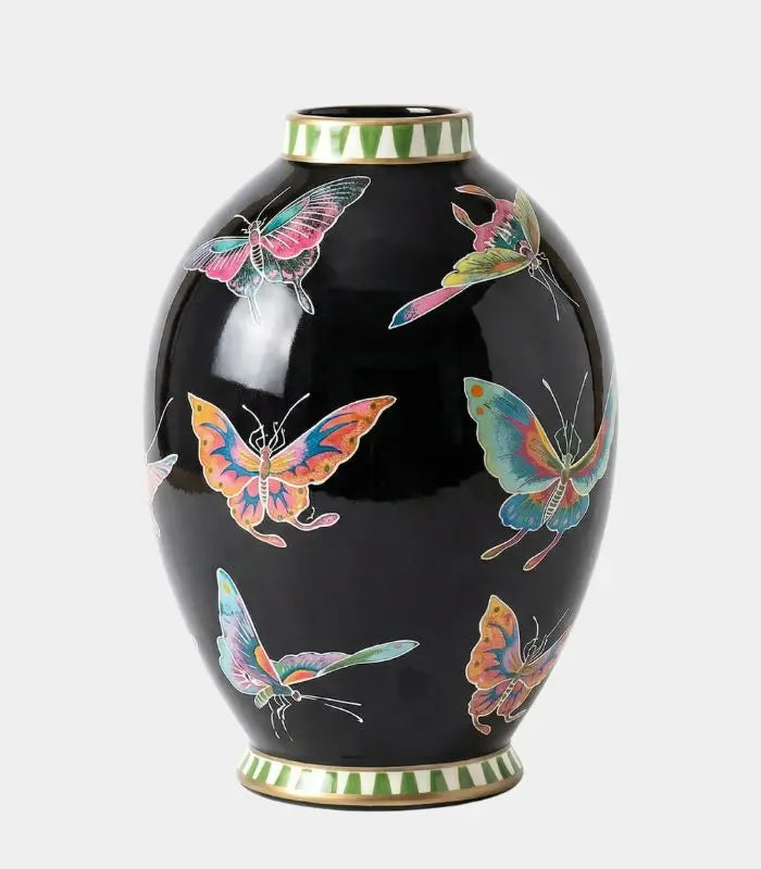 Danza Butterfly Hand-Painted Porcelain Vase – Black with Gold Trim