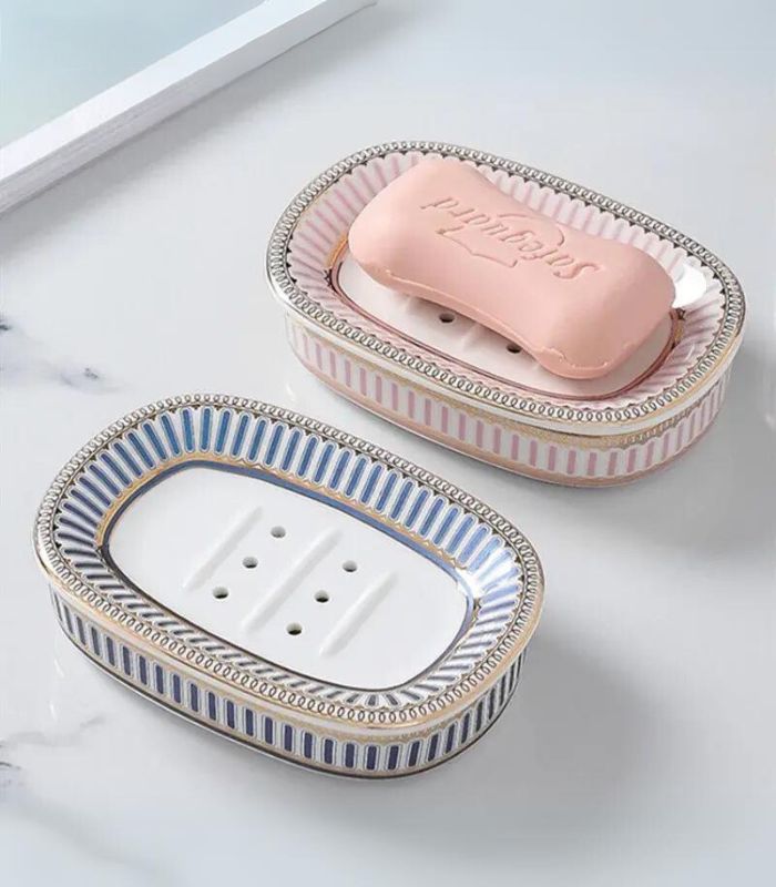 Ceramic Soap Dish With Drain Pink and White 13.8 cm