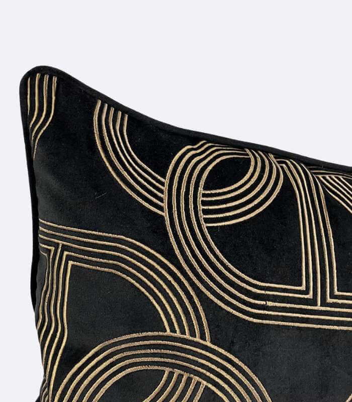 Art Deco Geometric Embroidered Velvet Cushion Cover Black & Gold