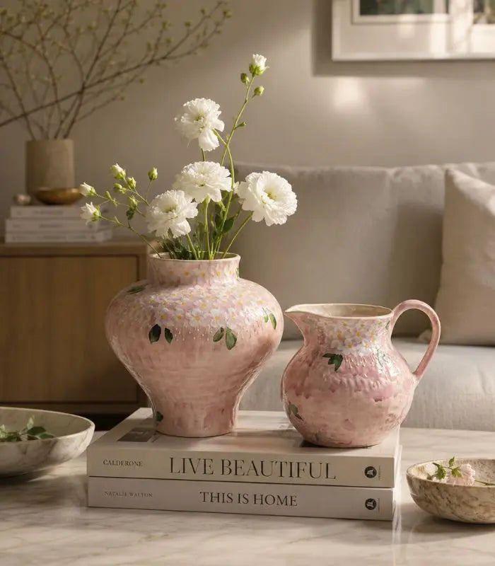 Camille Hand-Painted Ceramic Vase – Pink Daisy Floral, 2 Styles