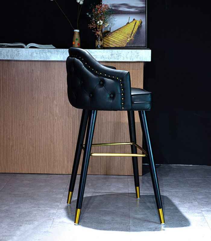 Modern Leather Bar Stool with Backrest and Gold Studs