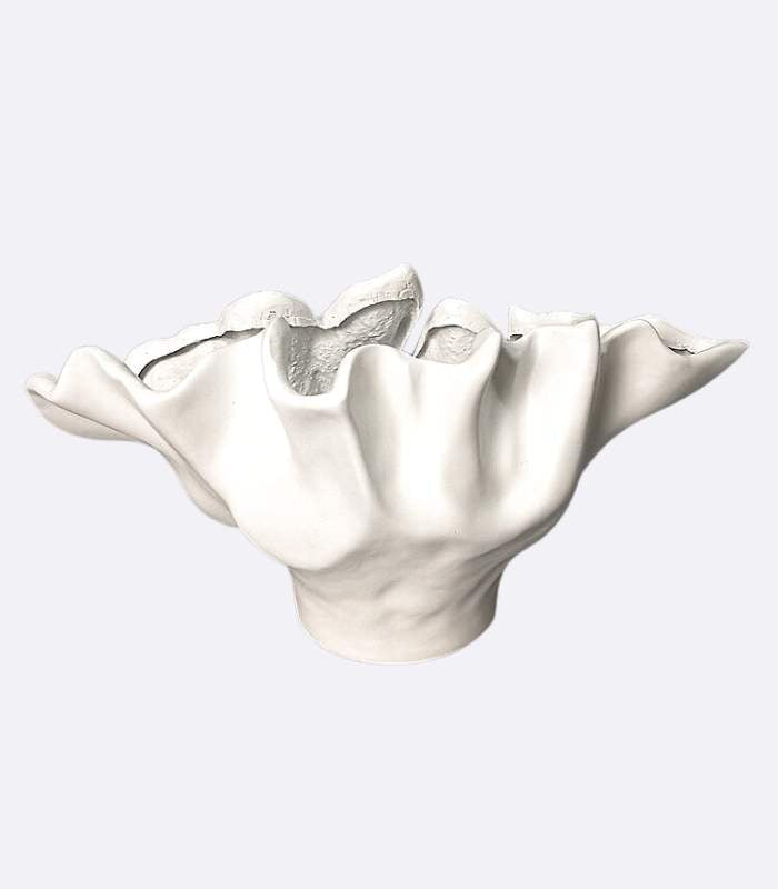 Centerpiece Bowl Vase with Rippled Design Large White Resin