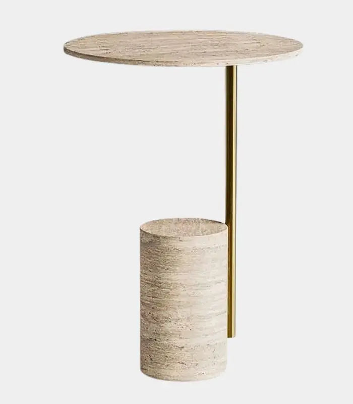 Natural Travertine Side Table with Iron Accent 55 cm