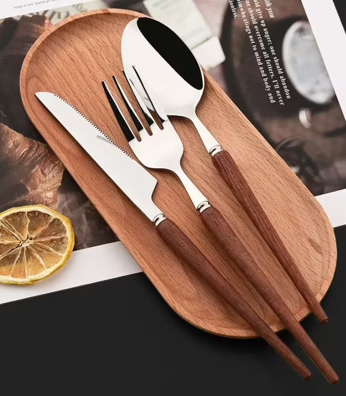 24-Piece Coastal Dining Cutlery Set – Rosewood Handle Stainless Steel Flatware (Brown)