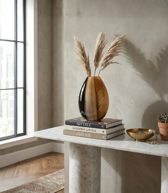 Tri-Color Amber Fusion Glass Vase - Modern Art Deco Style Tabletop Vase