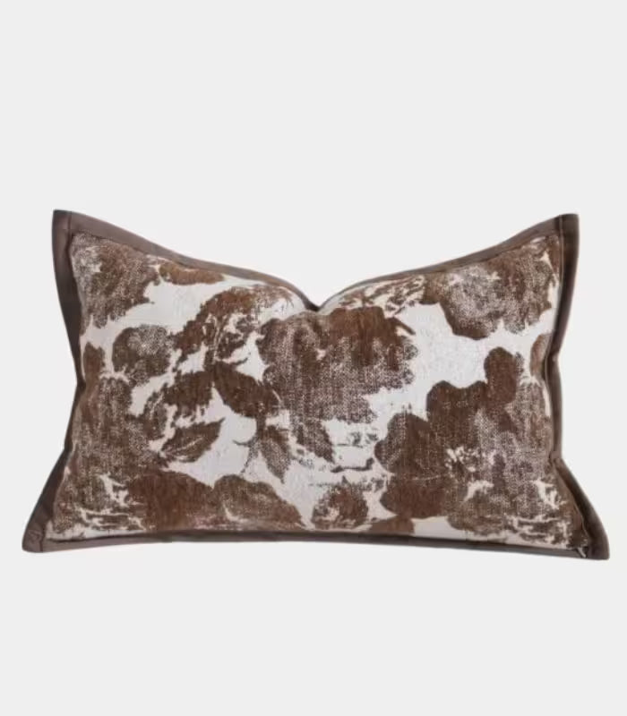 Jacquard Floral Cushion Cover – Rich Brown and Cream Botanical Design Decorative Pillow Case