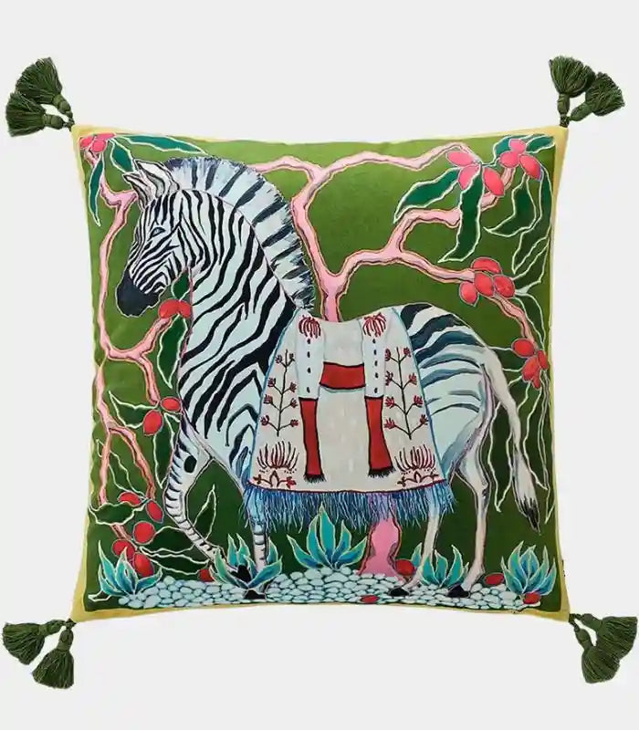 Savanna Zebra Velvet Cushion Cover – Decorative Wildlife Design with Tassel Trim