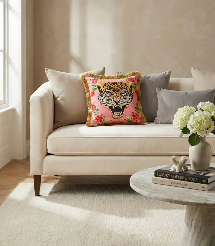Pink Leopard Velvet Decorative Cushion Cover Fringed Edge Square 45 cm