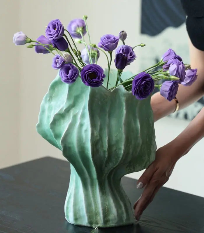 Talia Handcrafted Ceramic Vase – Two-Tone Green Ruffled Leaf-Form Sculptural Vessel