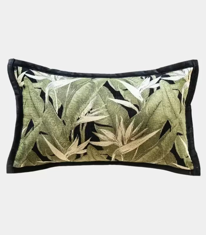 Tropical Leaf Jacquard Cushion Cover – Sage Green with Black Border